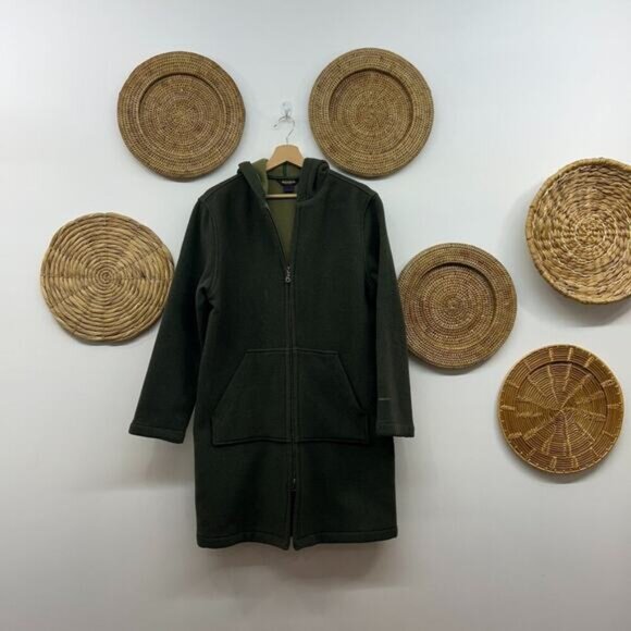 Woolrich Green Zip Up Long Length Wool Hooded Winter Coat Jacket Medium - Picture 1 of 9